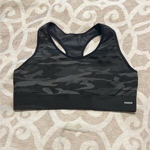 RBX Black and Gray Sports Bra with Racerback Design. Large. Sporty. Stretch camo